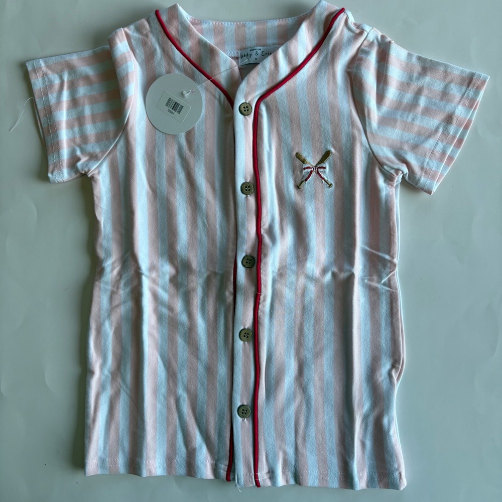 Abby & Evie Kids Pink Stripe Baseball Jersey Embroidered Button Down Shirt 12M - Picture 3 of 8
